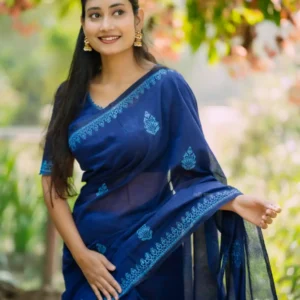 Navy Blue কটন কোটা শাড়ি – ব্লকের অসাধারণ কাজসহ ১৪ হাত শাড়ি